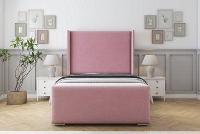 "Sloomy Devonshire Pink Plush Bed Frame With Mattress With 50""  Upholstered Wingback Headboard 3' Single" - image 1