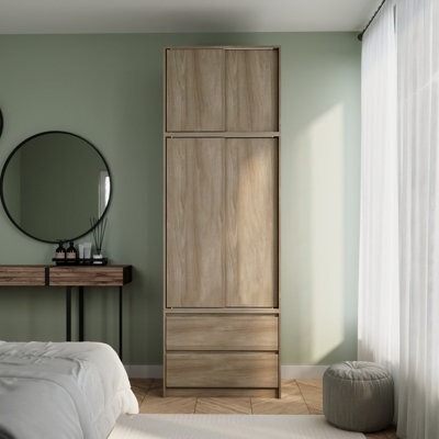 Urbn-Living Urbnliving 240Cm Height Oak Carcass With 2 Sliding Oak Doors Wardrobe Bedroom Storage Closet Hanging Rail Cupboard Unit - image 1