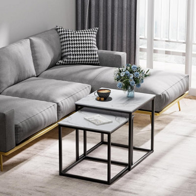 Huhote Two Piece Nesting Side Tables With Black Metal Frame And White Marble Top Diameter 50 45 Cm Coffee Table End Table For Home - image 1