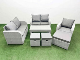Fimous High Back Poly Rattan Garden Furniture Set Reclining Chair Loveseat Sofa Oblong Coffee Table Set 3 Stools Light Grey - thumbnail 1