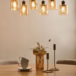 Wyld and Coco Aurora 6-Light Pendant Lamp - Amber Glass Shades, Modern Painted Iron Base, W77 X D25 X H120Cm - thumbnail 2