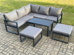 Fimous Aluminium Outdoor Garden Furniture Set Lounge Sofa Coffee Table Sets With 2 Big Footstool Conservatory Set Dark Grey - thumbnail 1