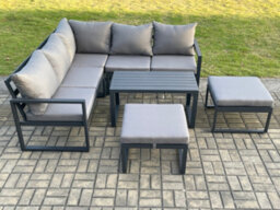 Fimous Aluminium Outdoor Garden Furniture Set Lounge Sofa Coffee Table Sets With 2 Big Footstool Conservatory Set Dark Grey - thumbnail 2