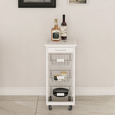 Urbn-Living Urbnliving 86Cm Height Rolling Kitchen Island Trolley Serving Cart White Tile Top Drawer Shelves Basket - image 1
