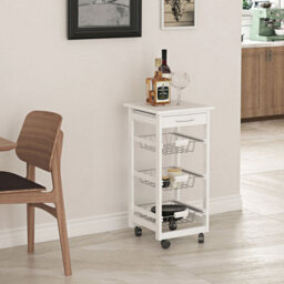 Urbn-Living Urbnliving 86Cm Height Rolling Kitchen Island Trolley Serving Cart White Tile Top Drawer Shelves Basket - thumbnail 2