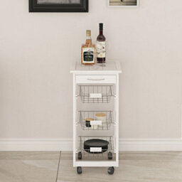 Urbn-Living Urbnliving 86Cm Height Rolling Kitchen Island Trolley Serving Cart White Tile Top Drawer Shelves Basket