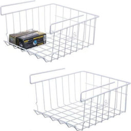 Pack Of 2 Hanging Under Shelf Storage Racks Stackable White Metal Wire Organisers For Kitchen Cabinets, Pantries, Desks - thumbnail 4