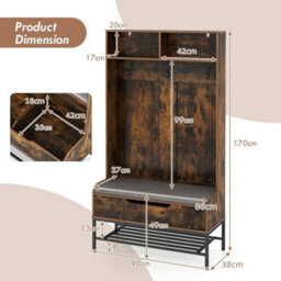170Cm Tall Hall Tree 4 In 1 Coat Rack Freestanding Entryway Bench - thumbnail 2
