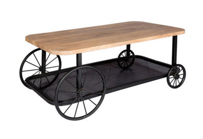 Marvik Industrial Metal Wheel Base Wooden Top Coffee Table In Black Finish - image 1