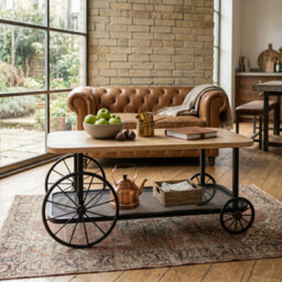Marvik Industrial Metal Wheel Base Wooden Top Coffee Table In Black Finish - thumbnail 5