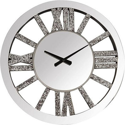 DEENZ Crushed Crystal Wall Clock Round Mirrored Wall Silent Clock Chic Round