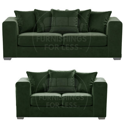 Furnishings For Less UK Ella Boxed Arm Plush Velvet  Fabric Sofa Set 3 And 2 Seater Sofa   Green - image 1