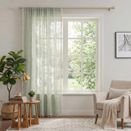 Living And Home Bohemian Light Green Faux Linen Curtain Semi Sheer Rod Pocket Window Drape With Decorative Tassels - thumbnail 2
