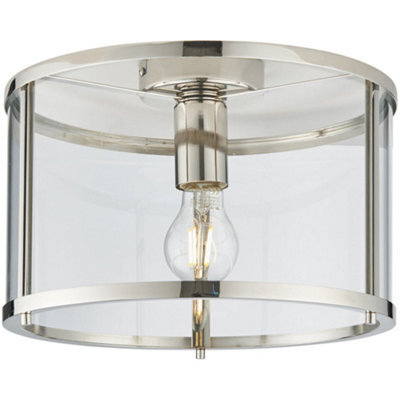 Bright Nickel Semi Flush Ceiling Light & Clear Glass Shade - Low Ceiling Fitting - image 1