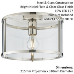 Bright Nickel Semi Flush Ceiling Light & Clear Glass Shade - Low Ceiling Fitting - thumbnail 2