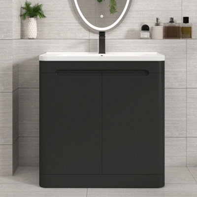Royal Bathrooms Venice 800mm Matt Nocturne Black Floor Standing Vanity Unit 2 Door With Ceramic Basin - image 1