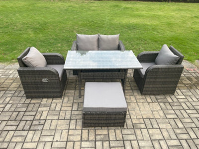Fimous Outdoor Rattan Garden Furniture Lounge Sofa Set With Rectangular Dining Table 2 Pc Reclining Chair Footstool - image 1