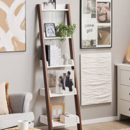 Beliani 5-Tier Ladder Bookcase Dark Wood With White Shelves, Wall-Mounted, Modern Home Office Display - thumbnail 2