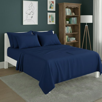 Plain Poly Cotton Easy Care Fitted Flat Sheet Matching Pillowcases Set Blue - image 1