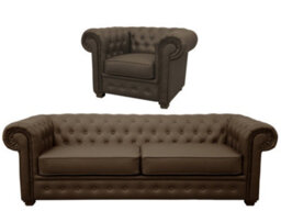 Venus Chesterfield Style Sofa 3 Seater + Armchair Brown Faux Leather - thumbnail 2