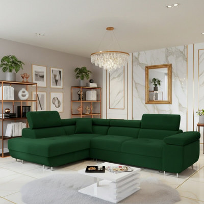Torezio Corner Sofa Bed With Adjustable Headrests Bedding Storage Polyurethane Foam Wave Springs 274X203Cm Green Left - image 1