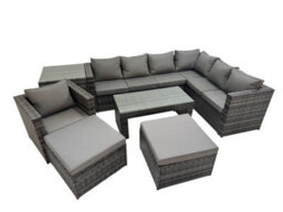 Fimous Outdoor Rattan Oblong Coffee Table Corner Sofa Sets Garden Furniture Set With Chair 2 Big Stools Side Table Dark Grey Mixed - thumbnail 1