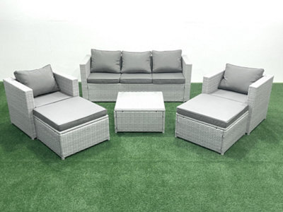 Fimous 7 Seater Rattan Garden Furniture Set 3 Seater Sofa 2 Chair Square Coffee Table 2 Big Stools Light Grey - image 1