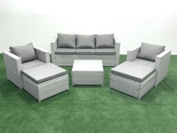 Fimous 7 Seater Rattan Garden Furniture Set 3 Seater Sofa 2 Chair Square Coffee Table 2 Big Stools Light Grey - thumbnail 2