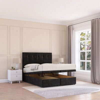 Sloomy Highbury End Lift Ottoman Bed 2Ft6 With Sprung Memory Mattress - Black Plush & Headboard- Small Single - image 1