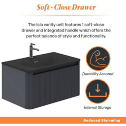 Plum&clay Isla Ribbed Fluted Grey Wall Hung Drawer Vanity Unit & Black Basin Set (W)800mm - thumbnail 4