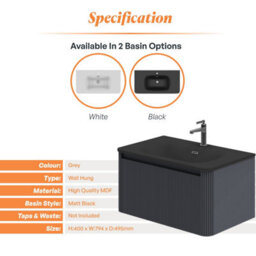 Plum&clay Isla Ribbed Fluted Grey Wall Hung Drawer Vanity Unit & Black Basin Set (W)800mm - thumbnail 5