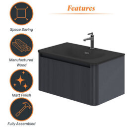 Plum&clay Isla Ribbed Fluted Grey Wall Hung Drawer Vanity Unit & Black Basin Set (W)800mm - thumbnail 6