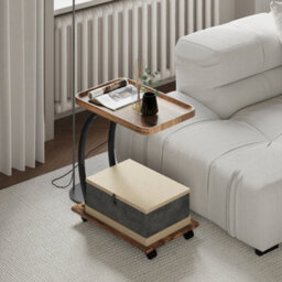 Homcom C Shaped Side Table With Storage & Wheels For Living Room, Brown - thumbnail 8