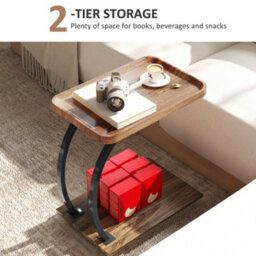 Homcom C Shaped Side Table With Storage & Wheels For Living Room, Brown - thumbnail 5