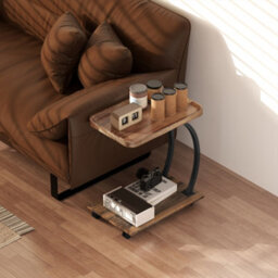 Homcom C Shaped Side Table With Storage & Wheels For Living Room, Brown - thumbnail 9