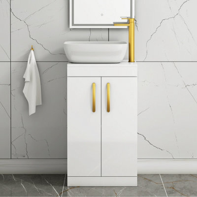 Royal Bathrooms 500mm Floor Standing Vanity Unit 2 Door Gloss White & Countertop Basin - Elva With Brushed Brass Handle - image 1