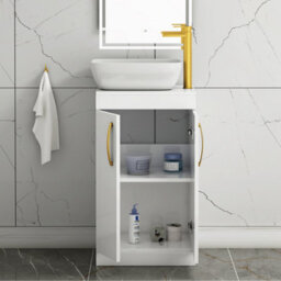 Royal Bathrooms 500mm Floor Standing Vanity Unit 2 Door Gloss White & Countertop Basin - Elva With Brushed Brass Handle - thumbnail 3