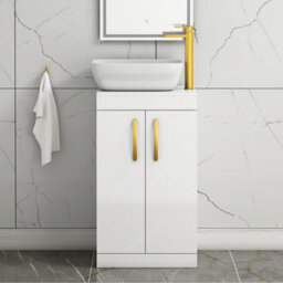 Royal Bathrooms 500mm Floor Standing Vanity Unit 2 Door Gloss White & Countertop Basin - Elva With Brushed Brass Handle - thumbnail 1