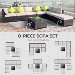 Outsunny 8Pc Rattan Sofa Garden Furniture Aluminium Outdoor Patio Set Brown - thumbnail 6