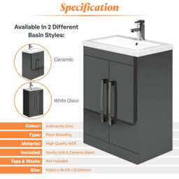 Plum&clay Novela Anthracite Grey Floor Standing Vanity Unit With Ceramic Basin Bathroom Furniture (W)515mm - thumbnail 5