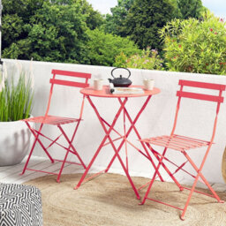 Beliani Prestige 3 Piece Red Metal Folding Bistro Set - Compact Square Table With 2 Slatted Chairs, No Assembly - thumbnail 2