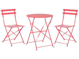 Beliani Prestige 3 Piece Red Metal Folding Bistro Set - Compact Square Table With 2 Slatted Chairs, No Assembly - thumbnail 1