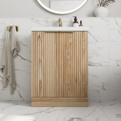 Affine Fluted 600mm Bathroom Vanity Unit Basin Floorstanding Cupboard Soft Close Oak - image 1