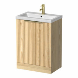 Affine Fluted 600mm Bathroom Vanity Unit Basin Floorstanding Cupboard Soft Close Oak - thumbnail 4