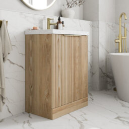 Affine Fluted 600mm Bathroom Vanity Unit Basin Floorstanding Cupboard Soft Close Oak - thumbnail 2
