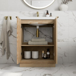 Affine Fluted 600mm Bathroom Vanity Unit Basin Floorstanding Cupboard Soft Close Oak - thumbnail 3