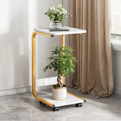 Gold C Shaped Plant Stand 2 Tier Marble Effect Side Table Living Room Coffee Table - image 1