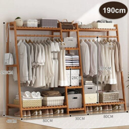 190Cm Heavy Duty Double Clothes Rail Rack Garment Hanging Stand Wardrobe Bamboo - thumbnail 2