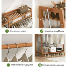 190Cm Heavy Duty Double Clothes Rail Rack Garment Hanging Stand Wardrobe Bamboo - thumbnail 3