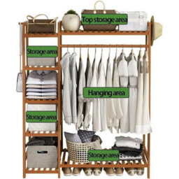 190Cm Heavy Duty Double Clothes Rail Rack Garment Hanging Stand Wardrobe Bamboo - thumbnail 1